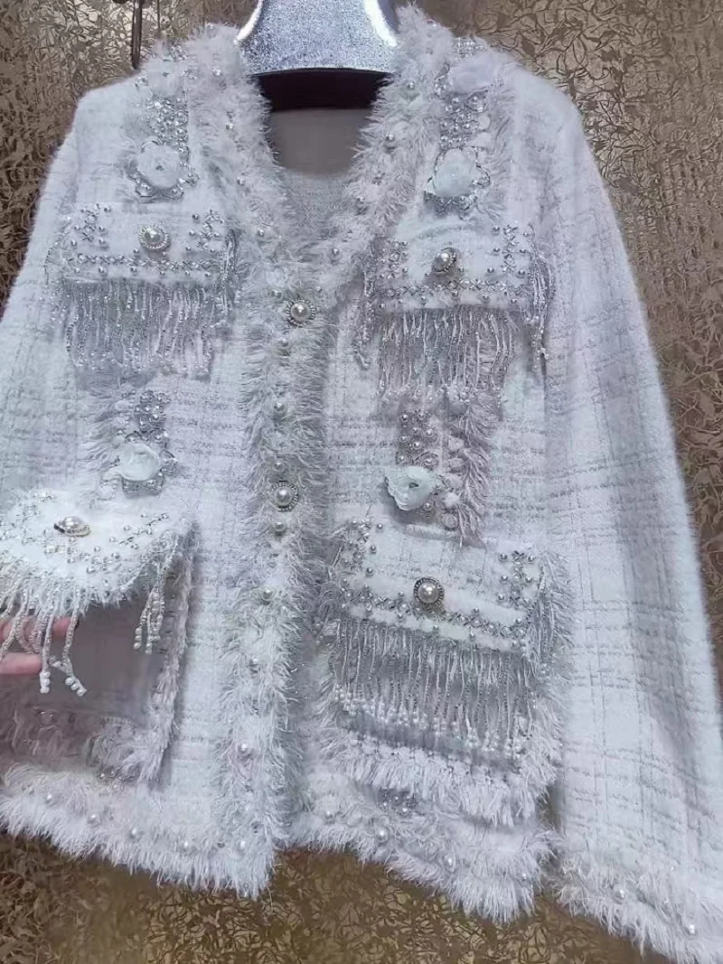 New In Beaded Crystal Tassel Autumn Winter Thick Warm Sweater Coat Women Long Sleeve Single Breasted Knitwear Cardigan Jacket