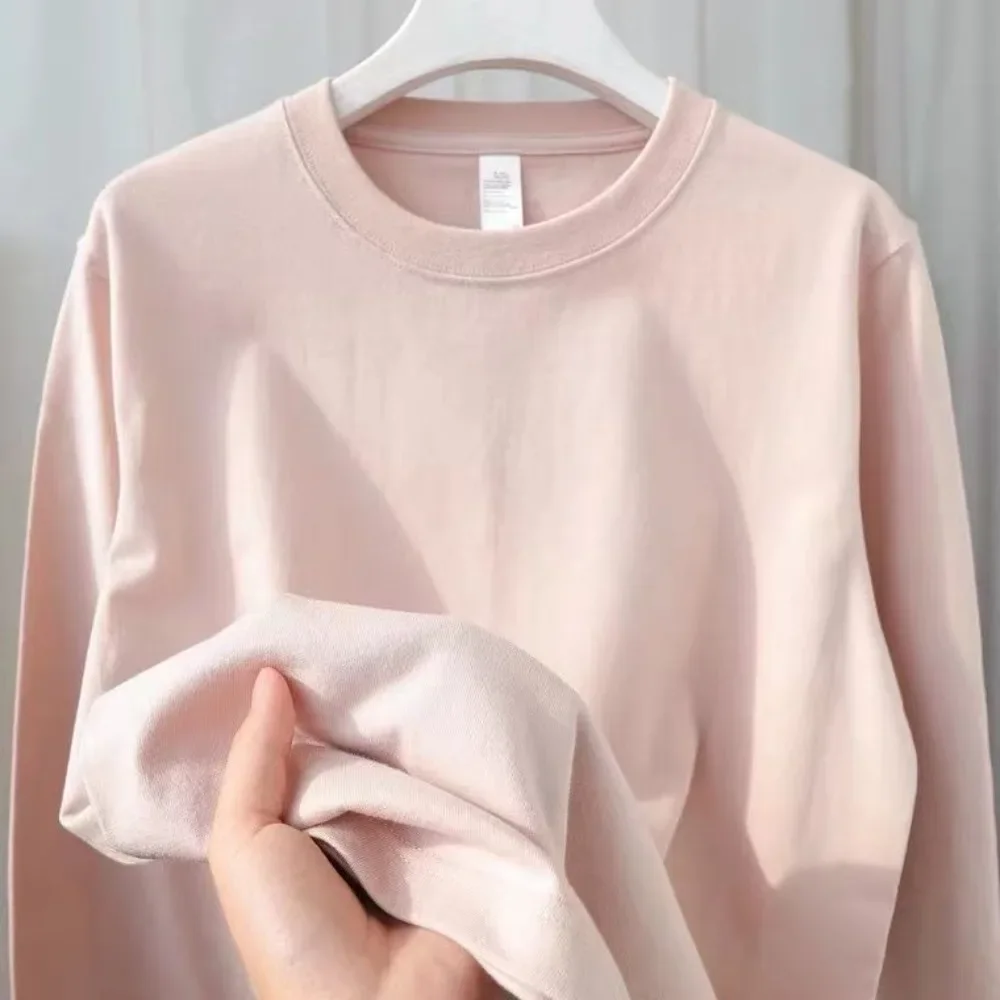 Comfy Autumn Winter O-Neck Solid Cotton 200g Heavy Combed Women\'s Loose Fit Long Sleeve Tee Top Pink/Oat Pink Oversize T-shirt