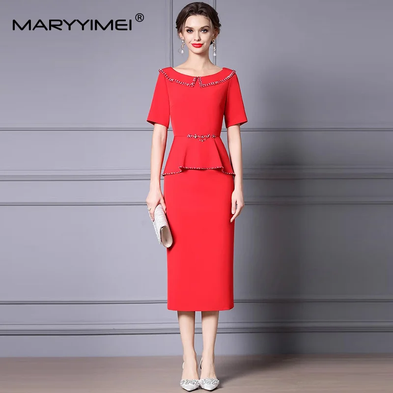 

MARYYIMEI Fashion design Summer Women's Dress Peter Pan Collar Beading Short Sleeve Slim-Fit Hip Wrap Solid L-5XL Dresses