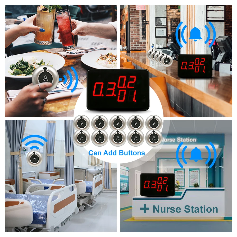 Wireless Calling System Restaurant Waiter Pager SET 1 Display Screen with 15 Vibration Bell Button for Salan Hotel Bar Clinic