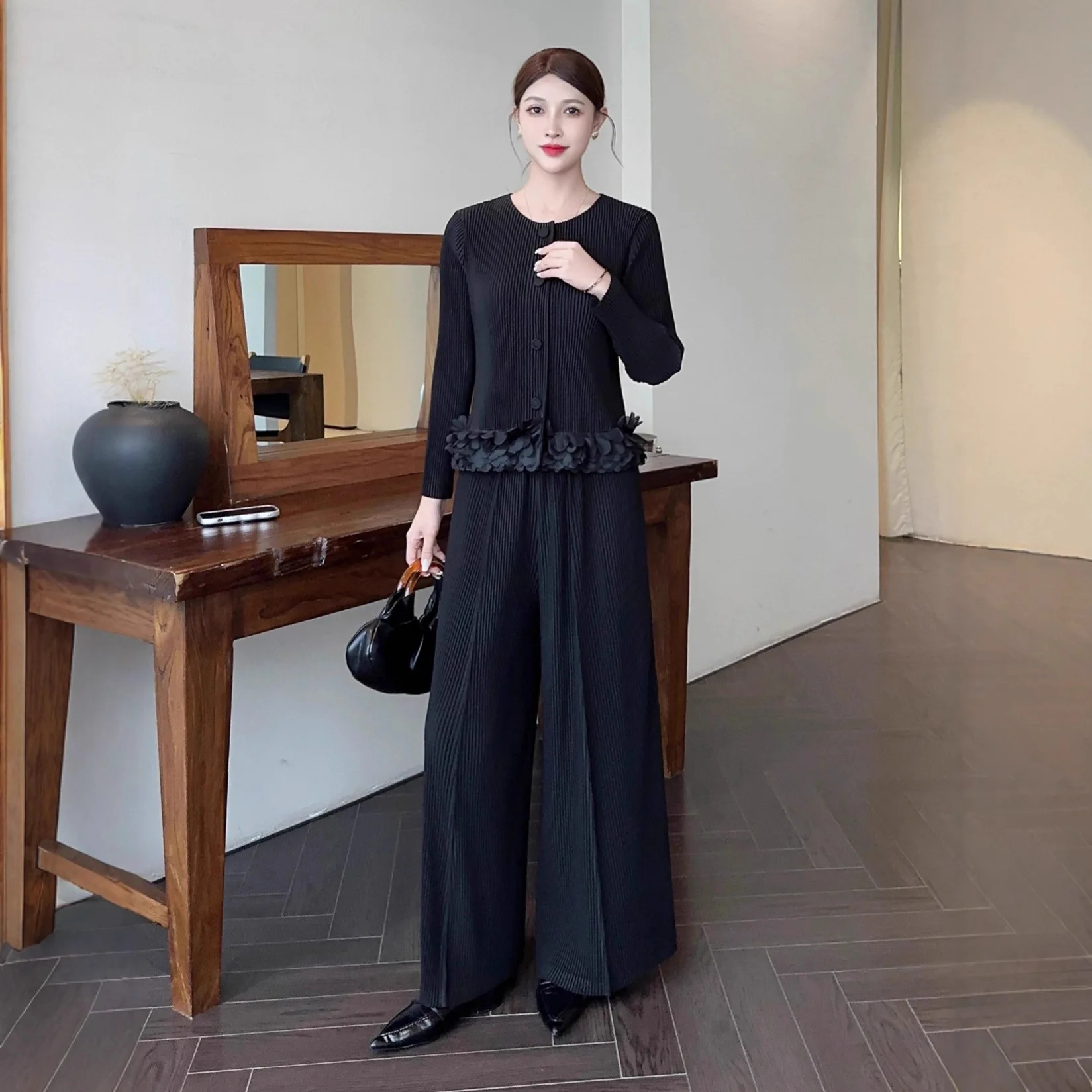 Miyake haut de gamme à la mode automne nouveau costume femmes boutonnage veste à manches longues + taille haute pantalon à jambes larges ensemble deux pièces