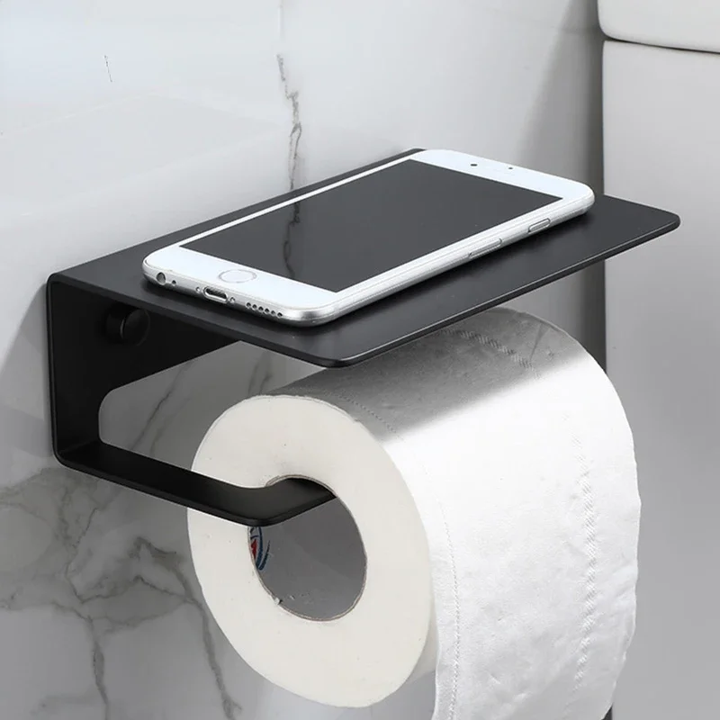 Self Adhesive Toilet Paper Roll Holder Phone Shelf WC Tissue Storage Organizer Bathroom Accessories, Black