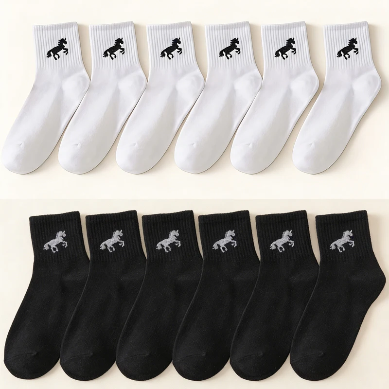

12 pairs of Happy little horse black white new neutral mid waist single needle solid color breathable comfortable sports socks