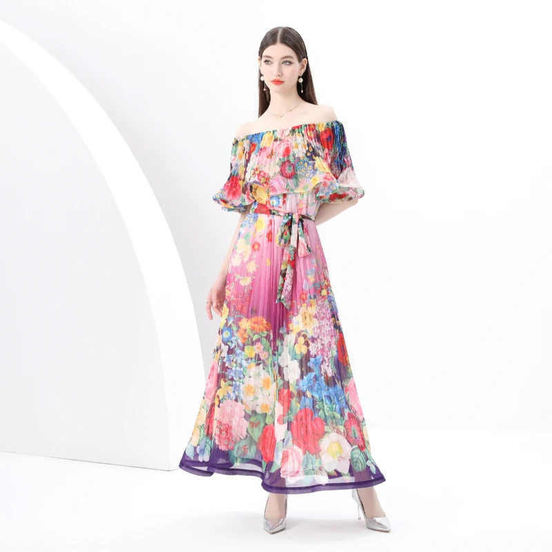 

2025 painted vacation one shoulder pleated lotus leaf edge vacation print long dress clothing summer clothing for women