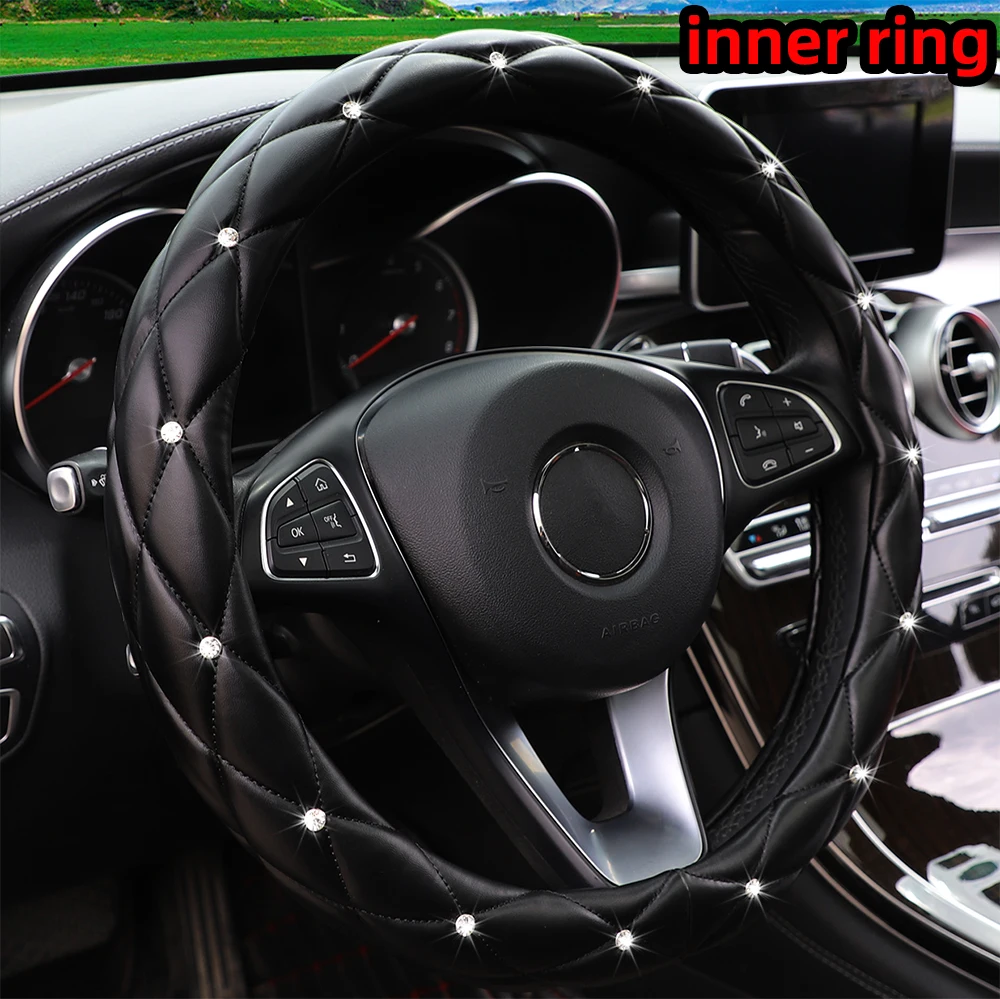 

Soft leather square diamond-inlaid car has an inner ring steering wheel cover suitable for 14.5 - 15 inch car interiors.