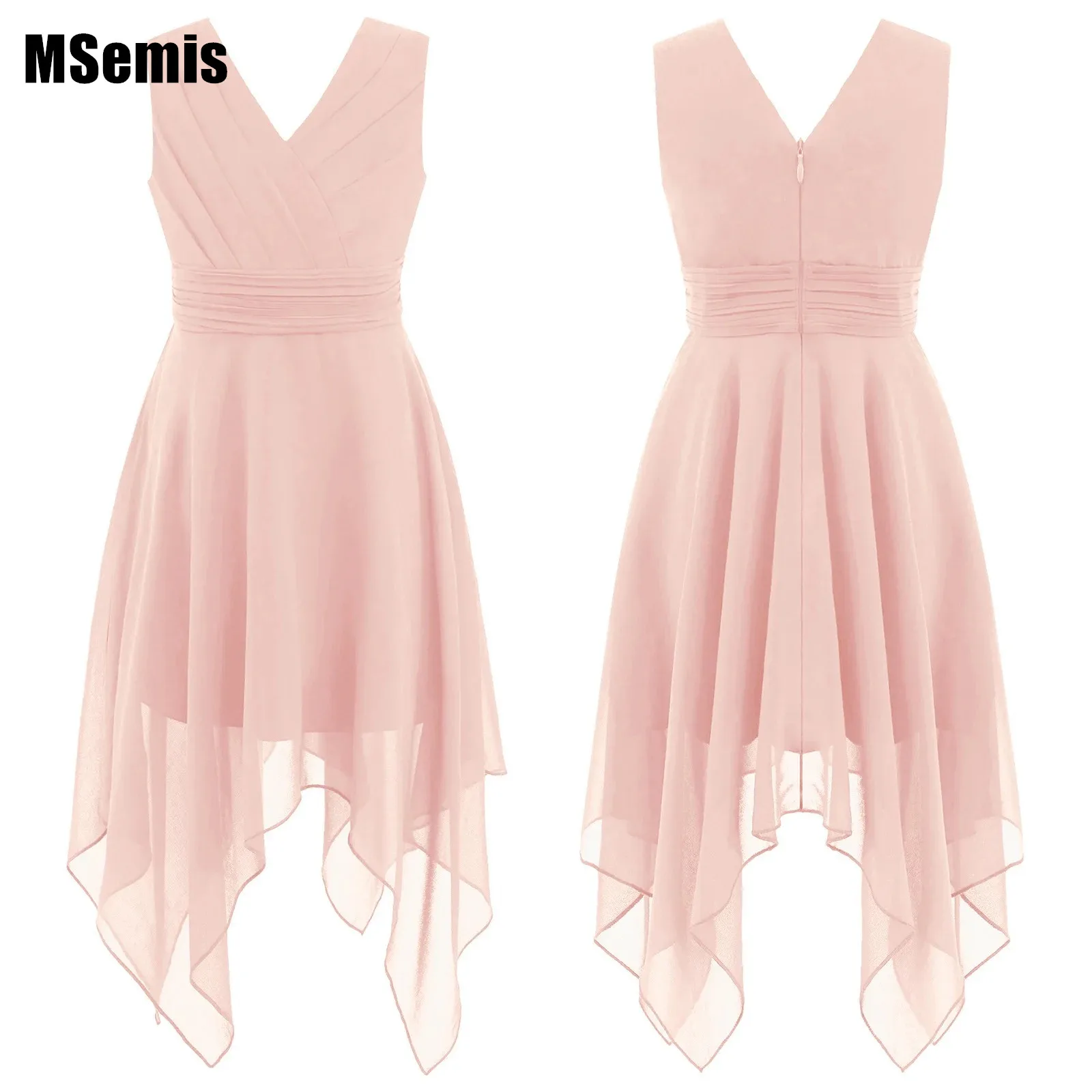 

Kids Girls Flowing Solid Chiffon Dress V Neck Sleeveless Asymmetric Hem Pleated Waist Dress for Party Performance