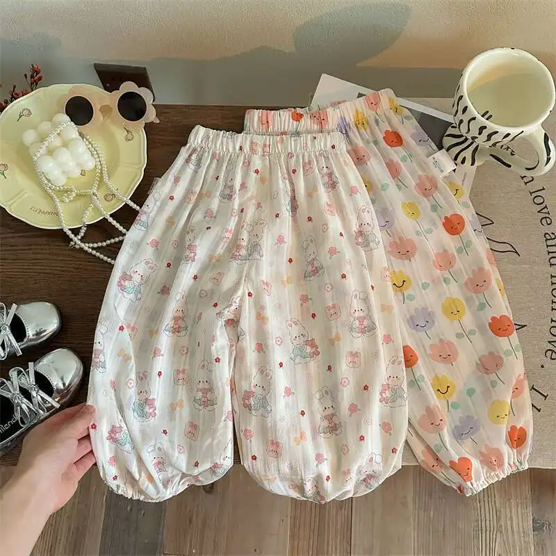 Cartoon print girls mosquito-proof pants children's thin long pants baby girl lantern pants toddler loose air-conditioning pants