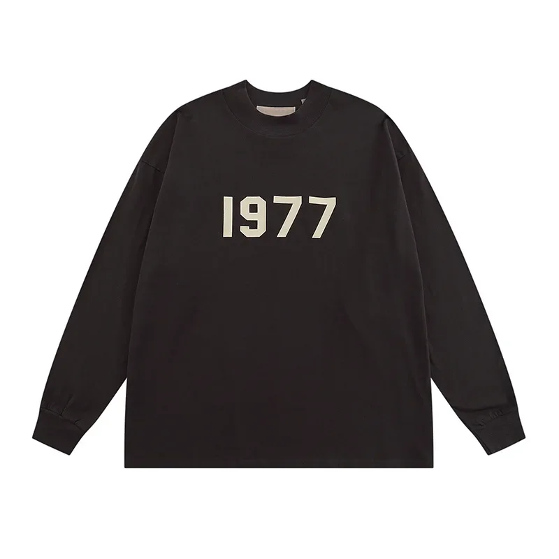 تي شيرت Essentials American Style 1977 High Street يتدفقون برقبة دائرية من القطن الخالص بطبقة أساسية وأكمام طويلة ورقبة دائرية #5