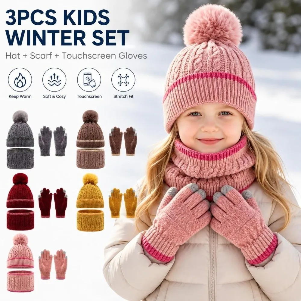 Soft Thicken Knitted Hat Set Windproof Winter Hat Scarf Gloves Three Piece Set Knitted Pompom Hat Set Autumn And Winter