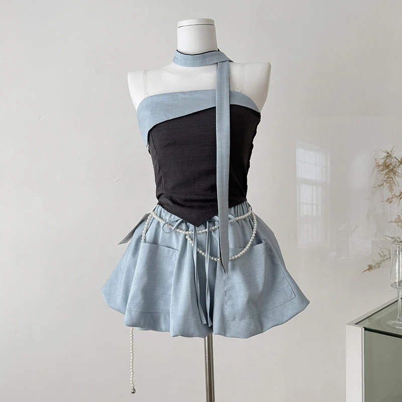 

Sexy Two-piece Women Outfits Elastic Cropped Tops & Elastic Waist Pocket Skirts with Shorts Korean Fashion Summer Skrit Sets