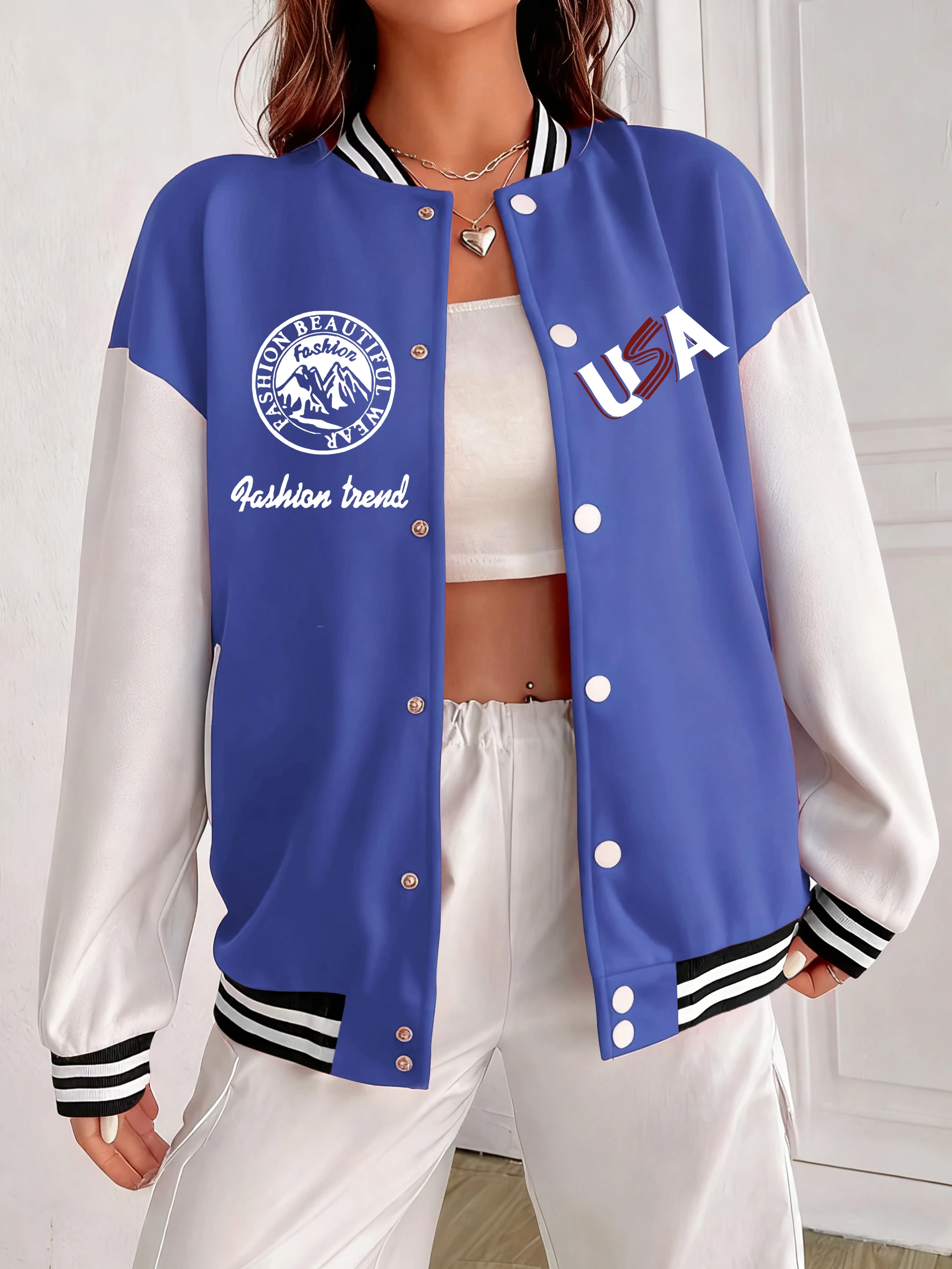 

Usa Pashion Beautiful Wear Print Jackets Women Colorful Pocket Baseball Uniform Fashion Oversized Coat Autumn Cotton Clothes