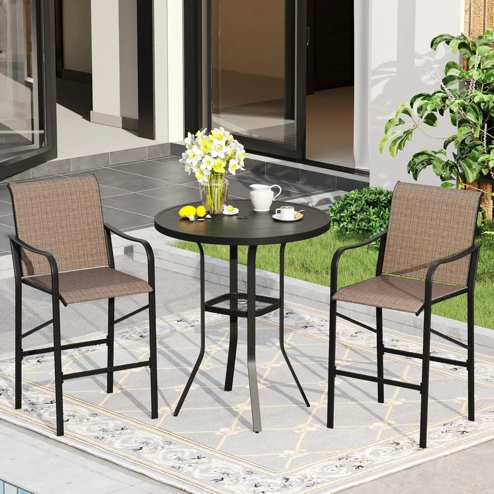 

Набор из 3 бара для патио, 2 черных круглых металлических высоких стола размером 35,4 дюйма и 2 коричневых текстильных барных стула с изогнутым подлокотником