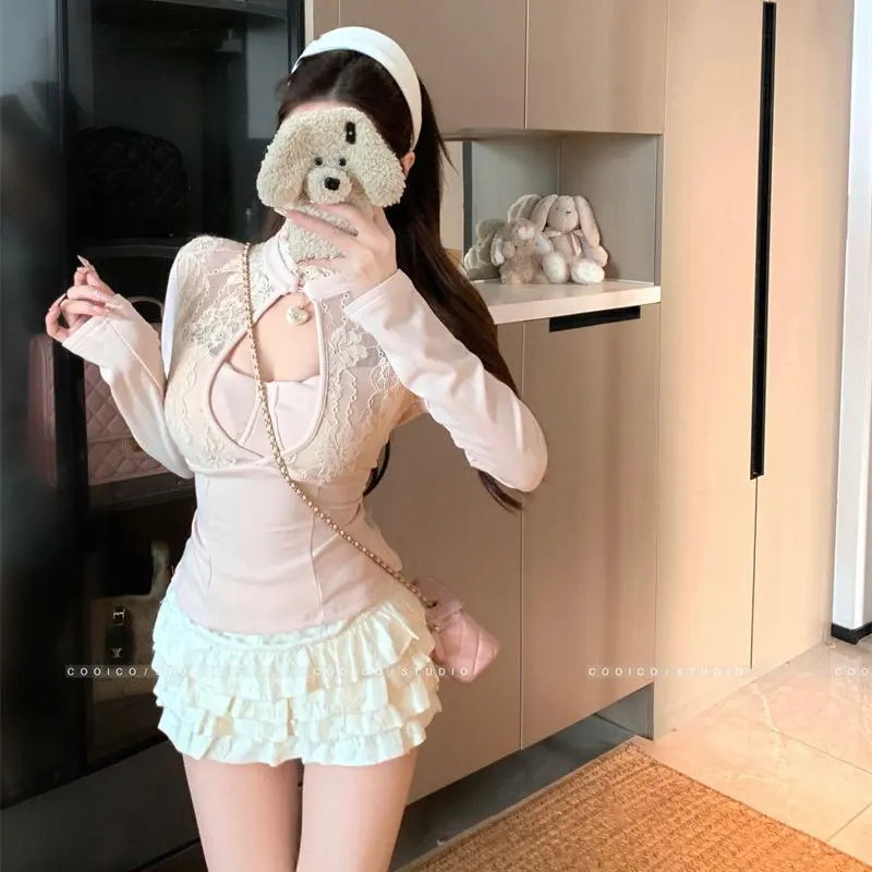 

Hotsweet Aura Lace Patchwork Pullovers Female Clothing Solid Color Autumn Elegant Fashion Hollow Out Slim Long Sleeve T-shirts