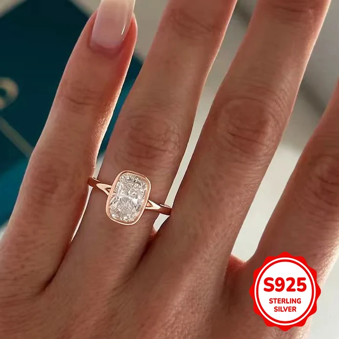 Feiner Moissanit-Ring aus 925er Silber, rechteckiger Labor-Diamant, Statement-Ringe für Frauen, 14K Roségold, edler Schmuck.
