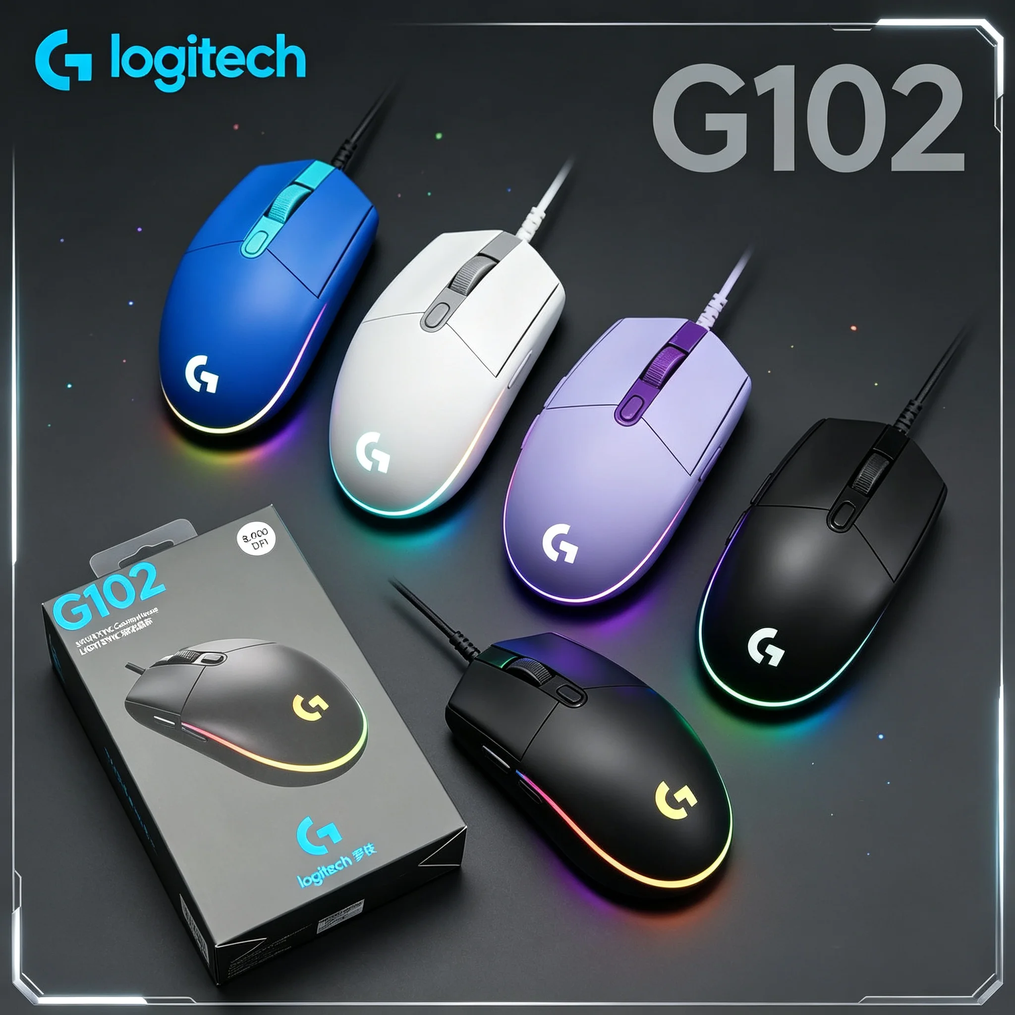 Budget Gaming Logitech G102 Wired Mouse RGB Backlit 8000 DPI Sensor Responsive Click Buttons Mice For Beginner Gamer