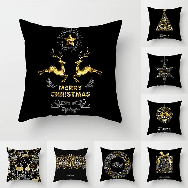 Christmas Series Pillow Covers Black Gold Holiday Office Car Decoration Cushion  Cover