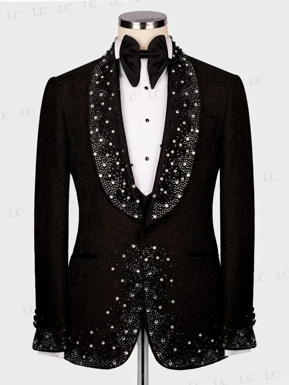 Men Suits 3 Pieces Blazer Vest Pants Pearls Beadings Diamonds One Button Prom Formal Tuxedos Wedding Groom Plus Size Tailored