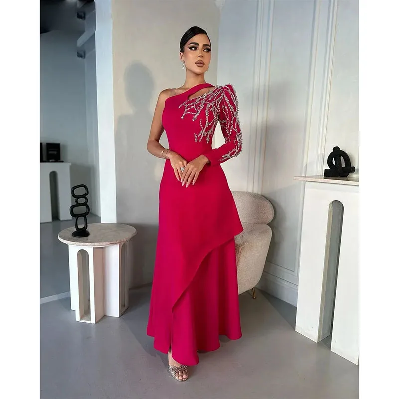 

Elegant A-line Prom Formal Dress One Shoulder Long Sleeves Lace Beads Evening Party Gowns For Women Robe De Soiree Vestido Gala