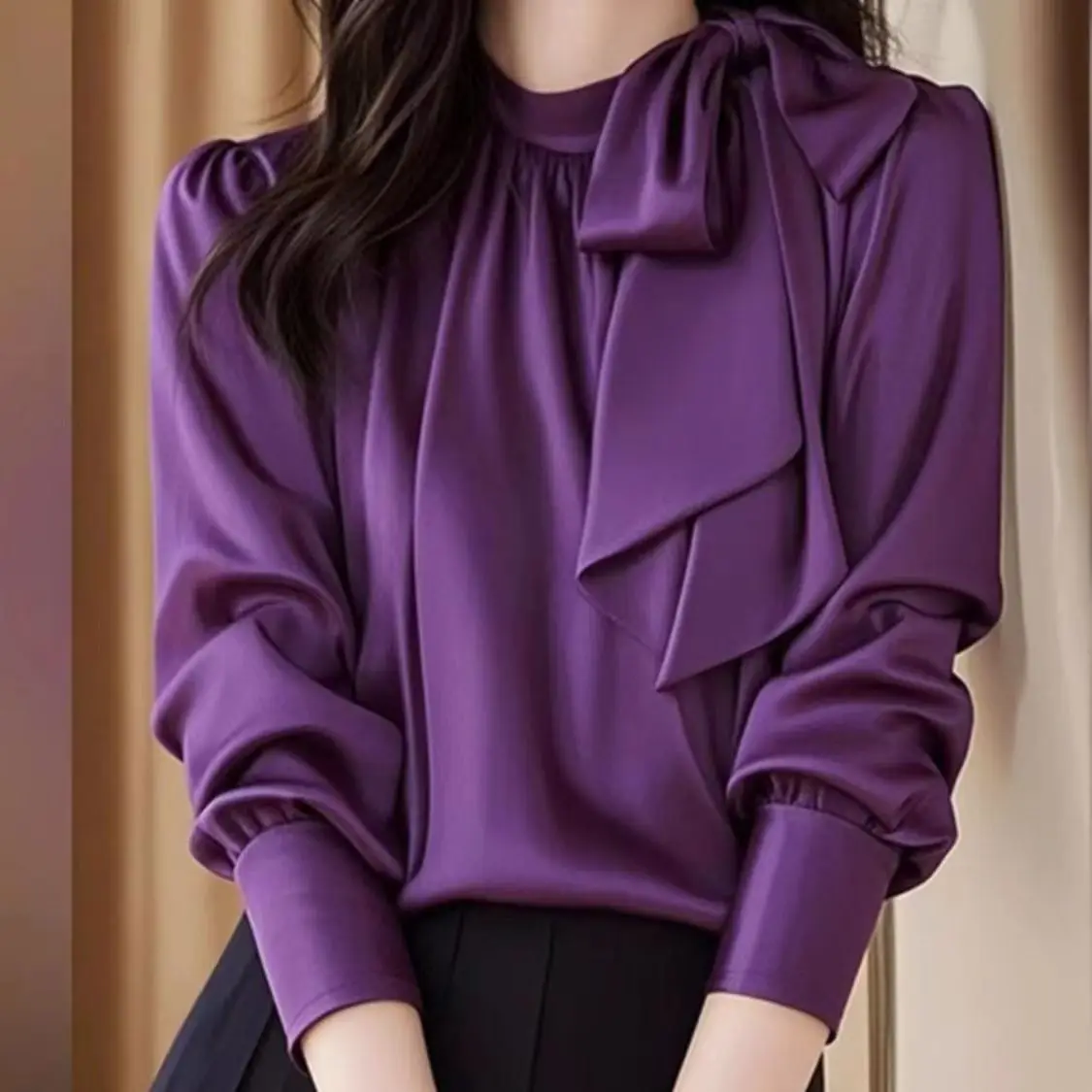 Purple Satin Bow Neck Office Lady Elegant Shirt Women Blouse Long Sleeve Casual Blusas Mujer Solid Color Korean Fashion Blouse