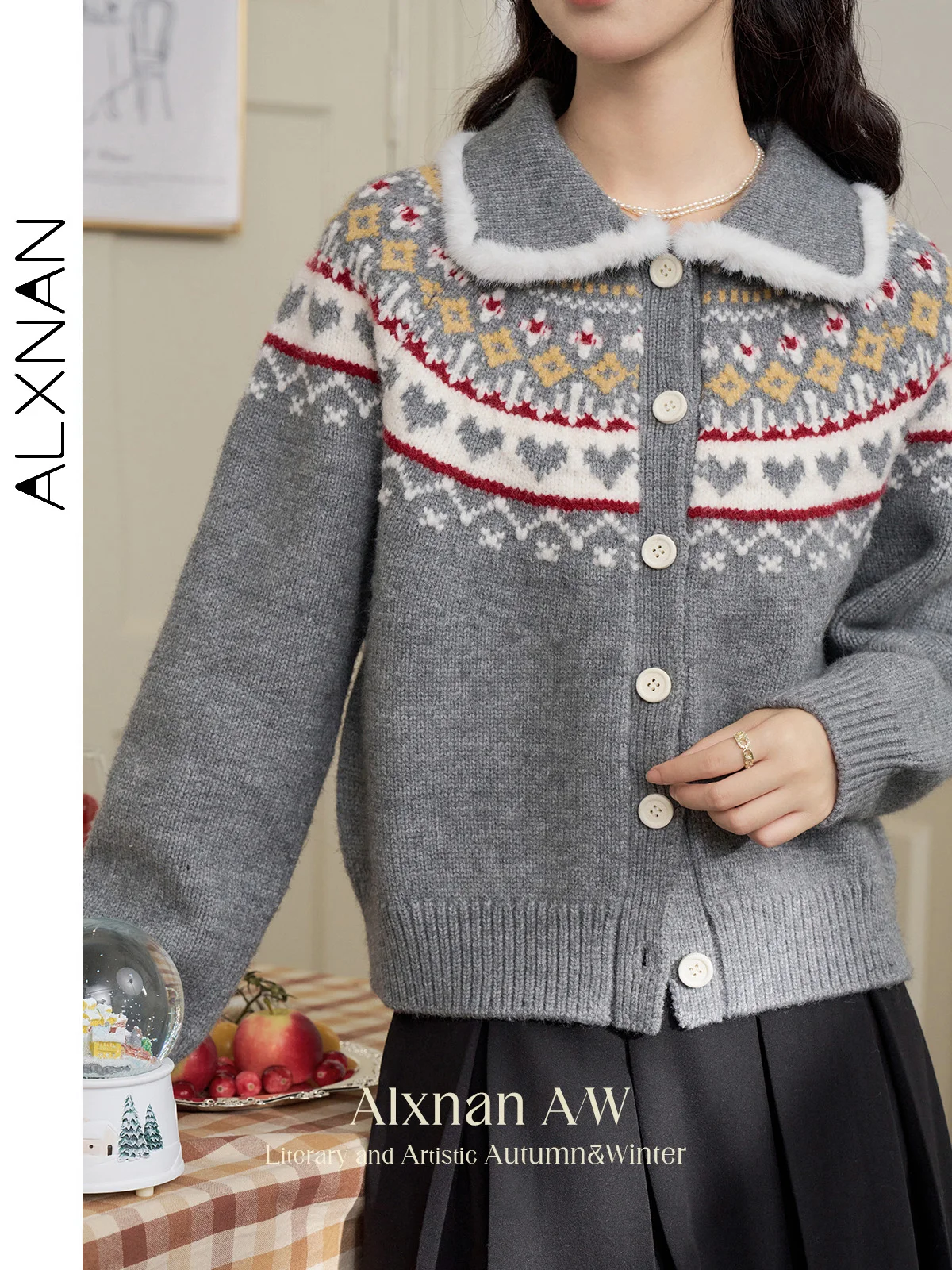 ALXNAN Women's Patchwork Cardigans Sweet Lapel Collar Geometric Raglan Sleeve Single Breasted Warm Sweaters Autumn Winter L52132