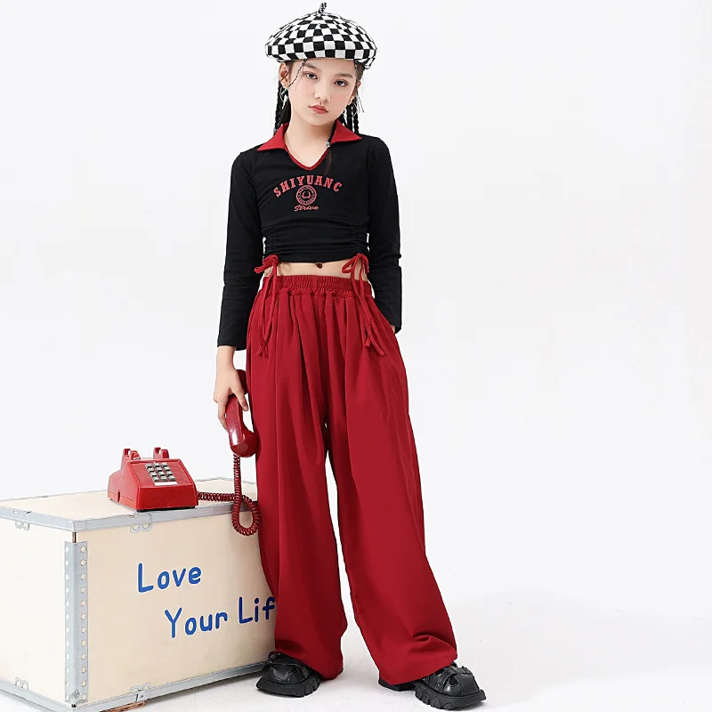 

Kid Hip Hop Clothing Black Ruched Crop Top Long Sleeve T Shirt Wine Red Wide Casual Pants for Girls Jazz Dance Costume Clothes