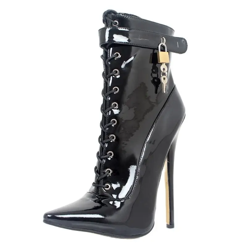 Lockable Ankle Boots 18CM Super High Heel Pointed toe Cross-tied Thin Heels Women Sexy Fetish Boots With Locks