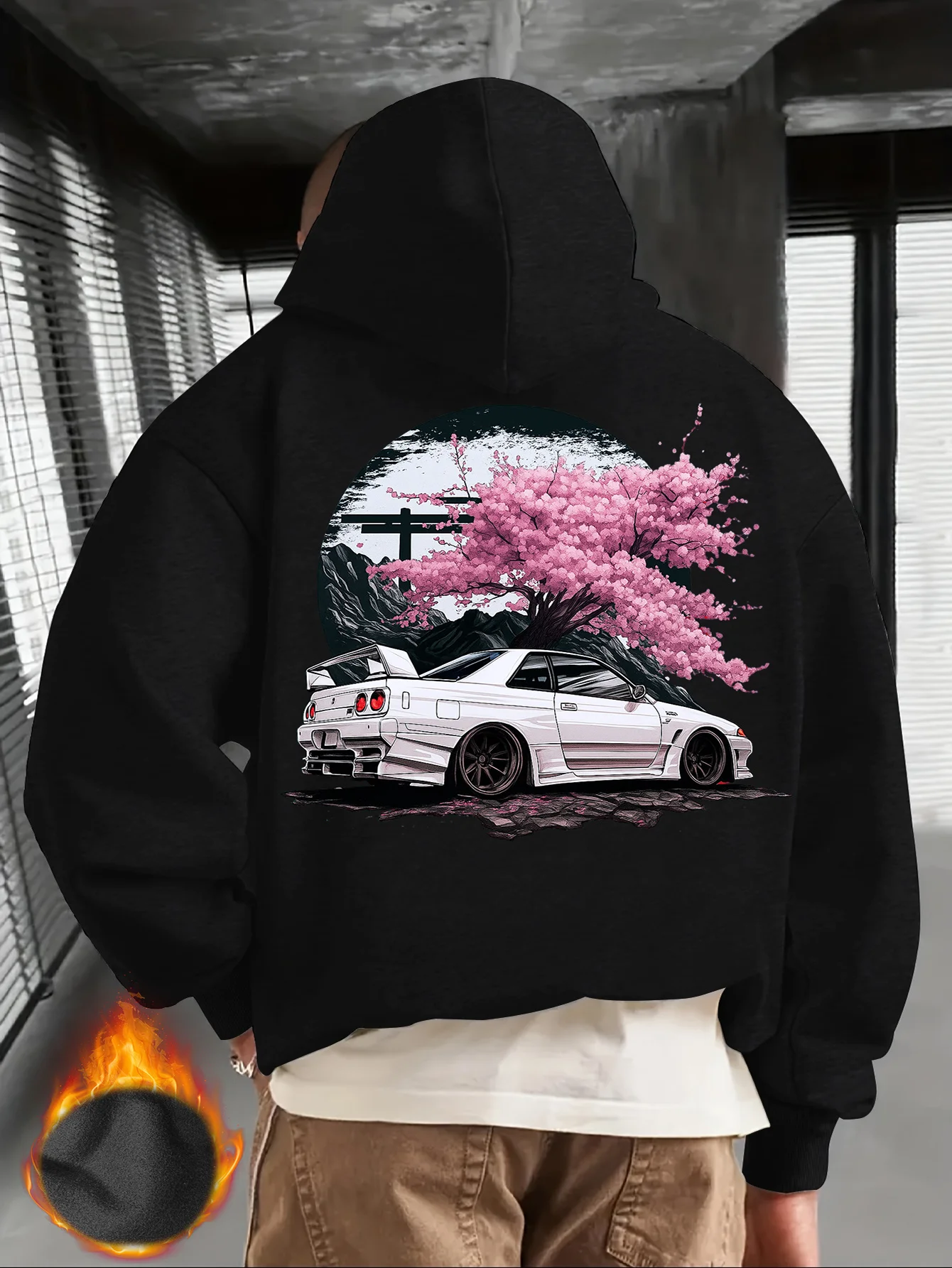 Japanese Style Hoodie Black Cotton Anime Car Design with Pink Cherry Blossom and Mountain Landscape Print Long Sleeve Casual