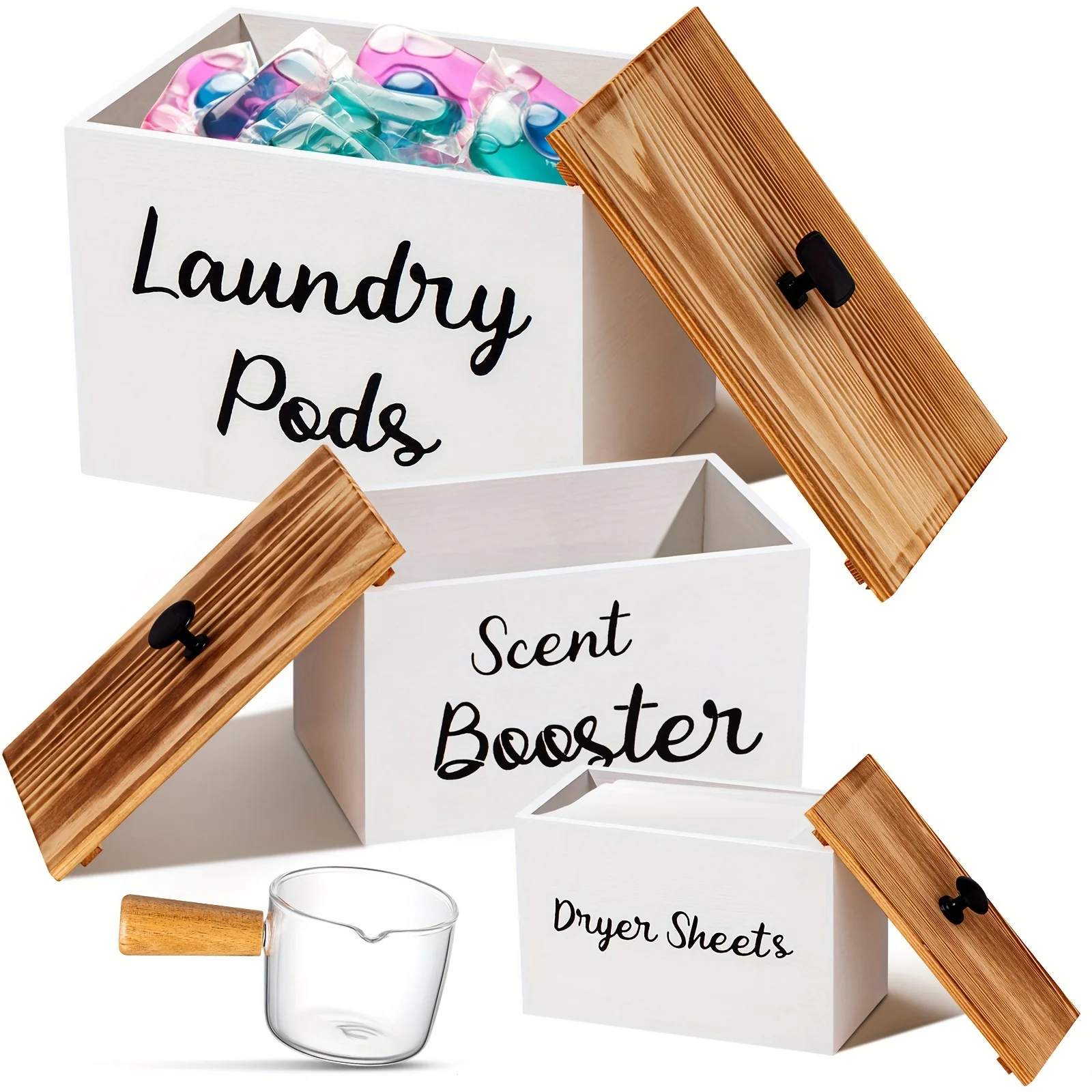 

3pcs Rustic Wood Dryer Sheet Container Laundry Pods Container Laundry Beads Dispenser for Storage (White), Laundry Baskets