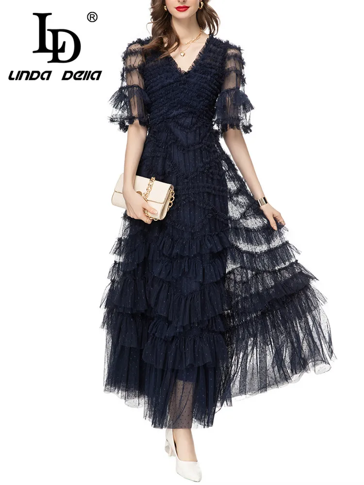 

LD LINDA DELLA Summer New Style Fashion Designer Dress Women Dot V-Neck Cascading Ruffle Plaid Lace High waist party Long Dress