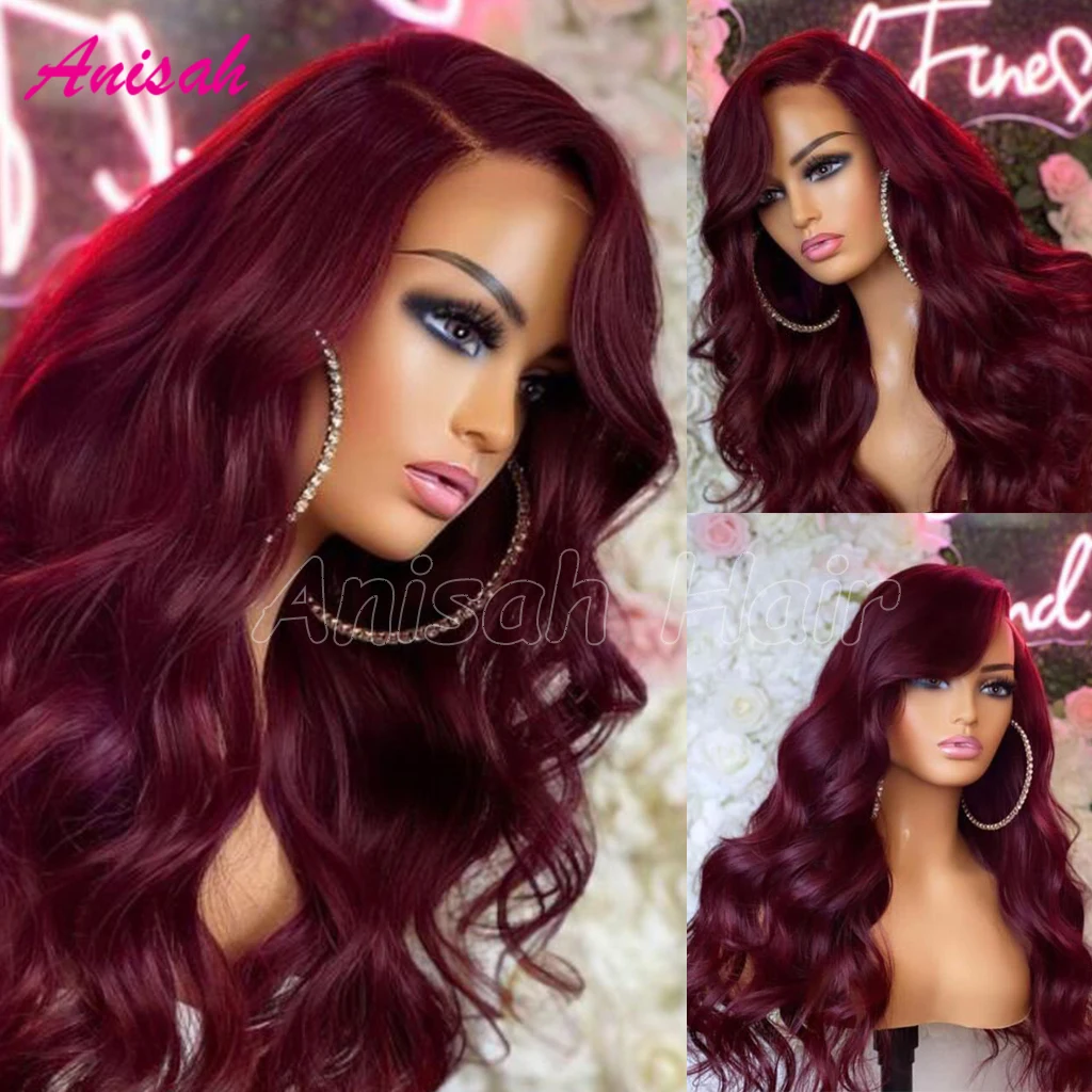 Perruque Lace Front Wig Body Wave Brésilienne Naturelle, Cheveux Humains, Couleur Rouge Bordeaux 99J, Transparent, pour Femme