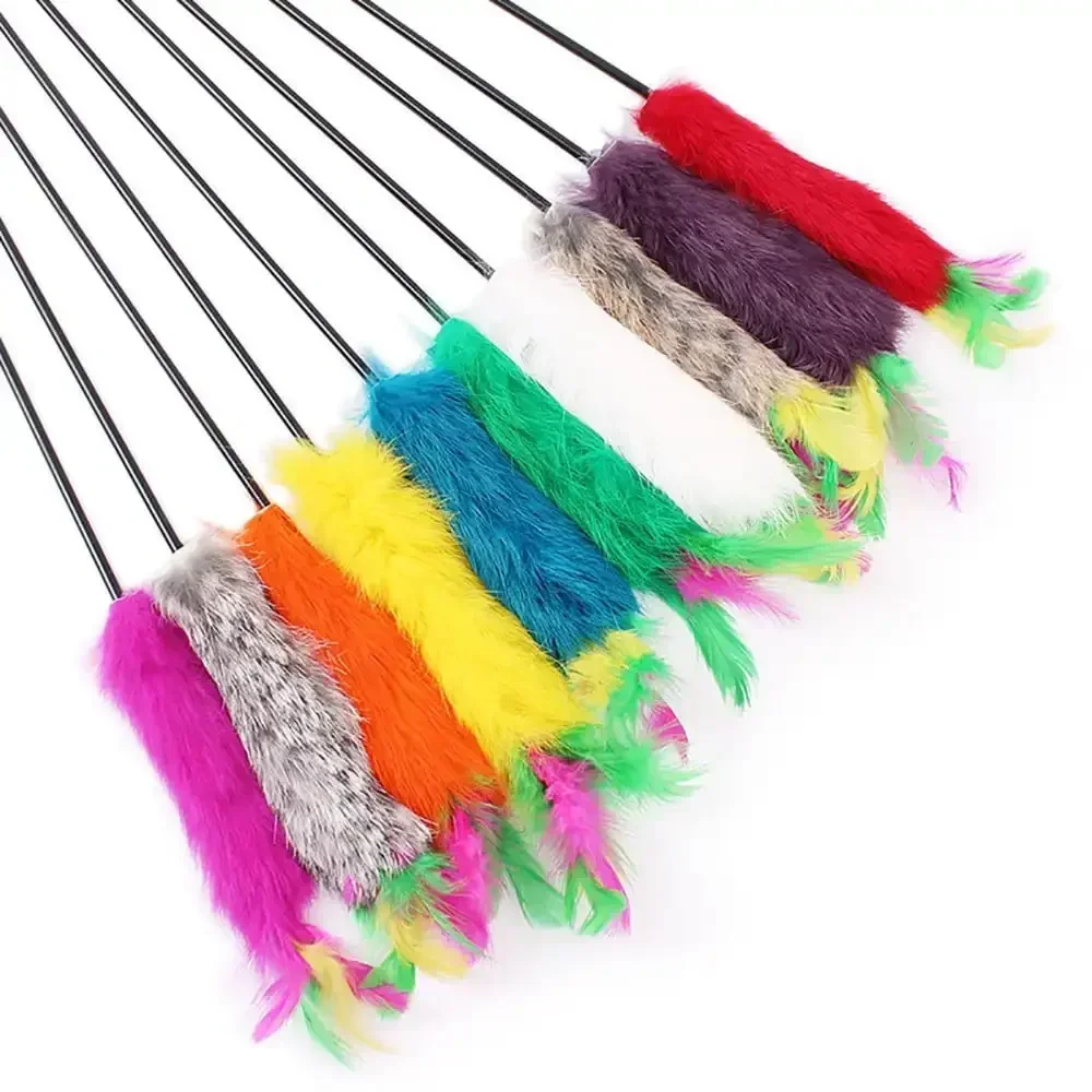 YUEHAO Kitten Cat Teaser Interactive Toy Rod With Feather 011112 Long rod colorful Multicolor