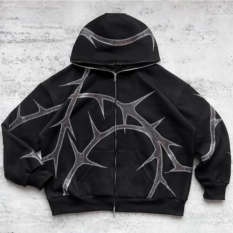 

Hip Hop Rhinestone Print Hoodies Pants Suit Men Women Streetwear Fashion Y2k Zipper Hoodie Jacket Gothic Autumn Loose Sweatshirt
