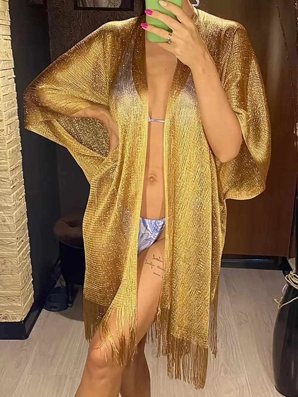 

Summer Sexy Tassel Gold Bikini Cover Up Beach Dress Tunics for Women Beachwear Cover-ups Kaftan Evening Dress Shawls 2025