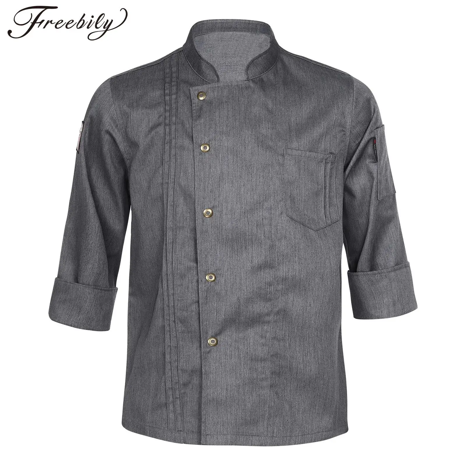 Mens Womens Stylish Chef Jacket Stand Collar Long Sleeve Cook Uniform with Pockets for Kitchen Restaurant Hotel Bakery Canteen