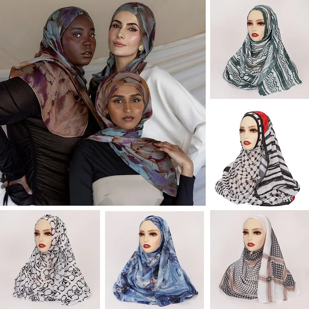 

Muslim Fashion Watercolor Satin Printed Cotton Hijab Spring Summer Sunscreen Scarf Arabian Tie-dye Long Shawls Turkish Headscarf