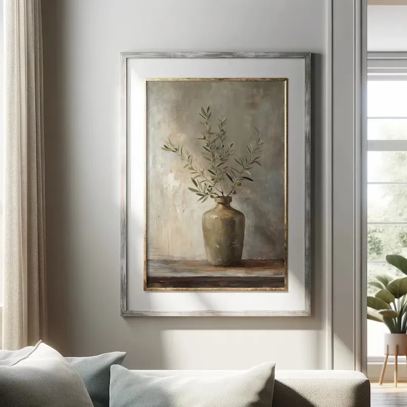 Antique Vase Italy Olive Tree Green Leaves Botanical Still Life Oil Painting On Canvas Poster Wall Art Pictures Home Decor