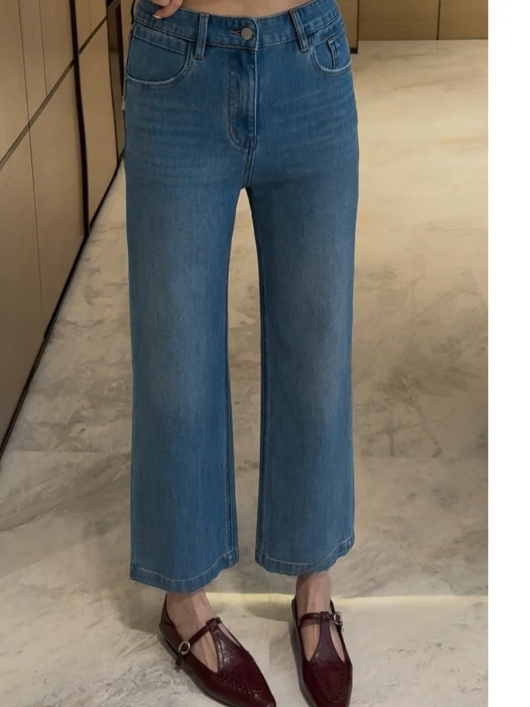 

Xuanxuanchen Fashion Blue Denim Jeans Women's Elastic Straight Leg Slimming Nine-Piece Pants Casual Washed Natural Waist