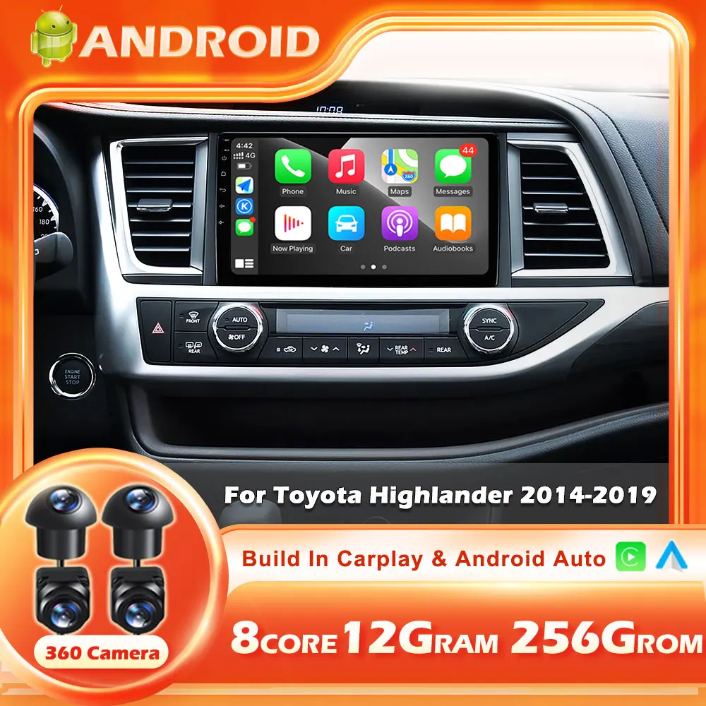 Car Radio For Toyota Highlander 2014-2019 Wireless Carplay Multimedia Android Auto GPS 4G WIFI Android 14 NO 2DIN DVD