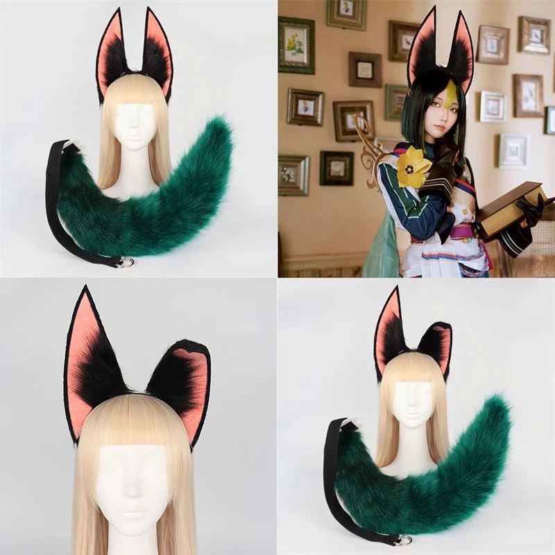 

Genshin Impact Tighnari Cosplay Ears Tail Headwear Cosplay Costume Accessories Green Plush Tail Ears with Leave Earrings