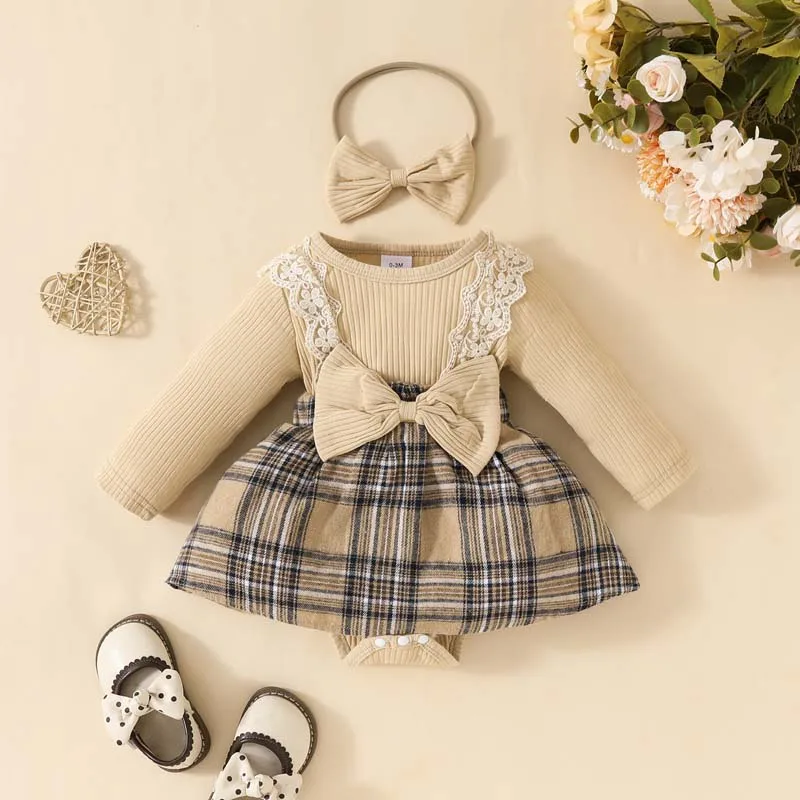 

Baby Girls Clothing Long Sleeve Jumpsuits Skirts Khaki Pit Strip Plaid Onesies Skirts with Hairband Spring Autumn Newborn Sets