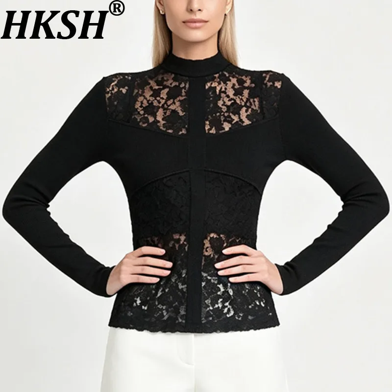 HKSH Women's T-shirt Fashion Sexy Elegant Lace Design Patchwork Slim-fit Dark Style Niche O-Neck Long Sleeve Stylish Top HK26656