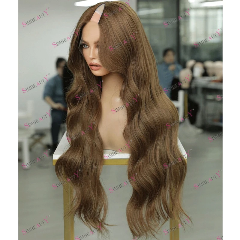 

Glueless 200Density Long Wavy Caramel Blonde Human Hair 1x4 Opening V Part Wigs for Women Ombre Dark Brown Middle U Part Wigs