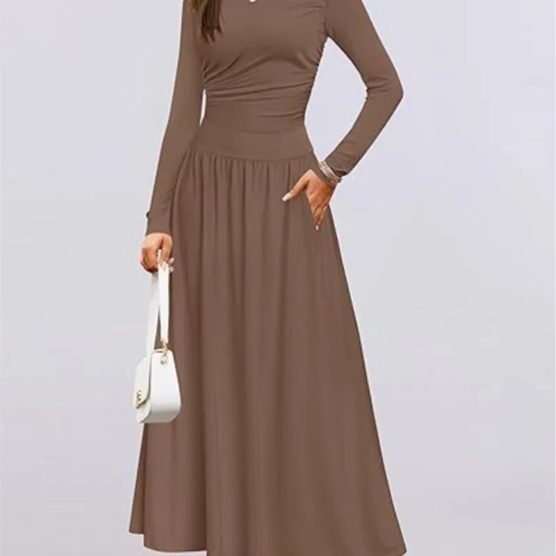 

Solid Color Round Neck Pleated Pocket Slim Fit Long Sleeved Knitted Dress Autumn Women's Casual Long Frock Vestidos Para Mujer
