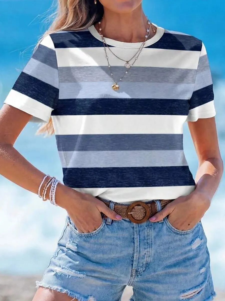 Women's Vintage Geometric Striped T-Shirt, Short Sleeve Crew Neck Tops, Blue Pink Camel Casual Daily Wear for Spring & Summer