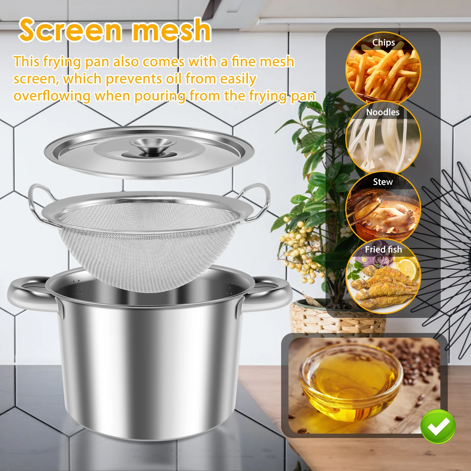Oil Filter Pot with Basket Lid Stainless Steel Oil Strainer Container Large Opening Oil Strainer Pot Fryer Oil Saver Container