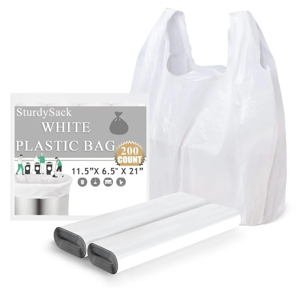 

Plastic Bags, (11.5”x 6.5" x 21”)(200Pack) White Plastic Shopping Bags with Handles for Small Business Grocery T Shirt Bag Reusable and Disposable, in Bulk