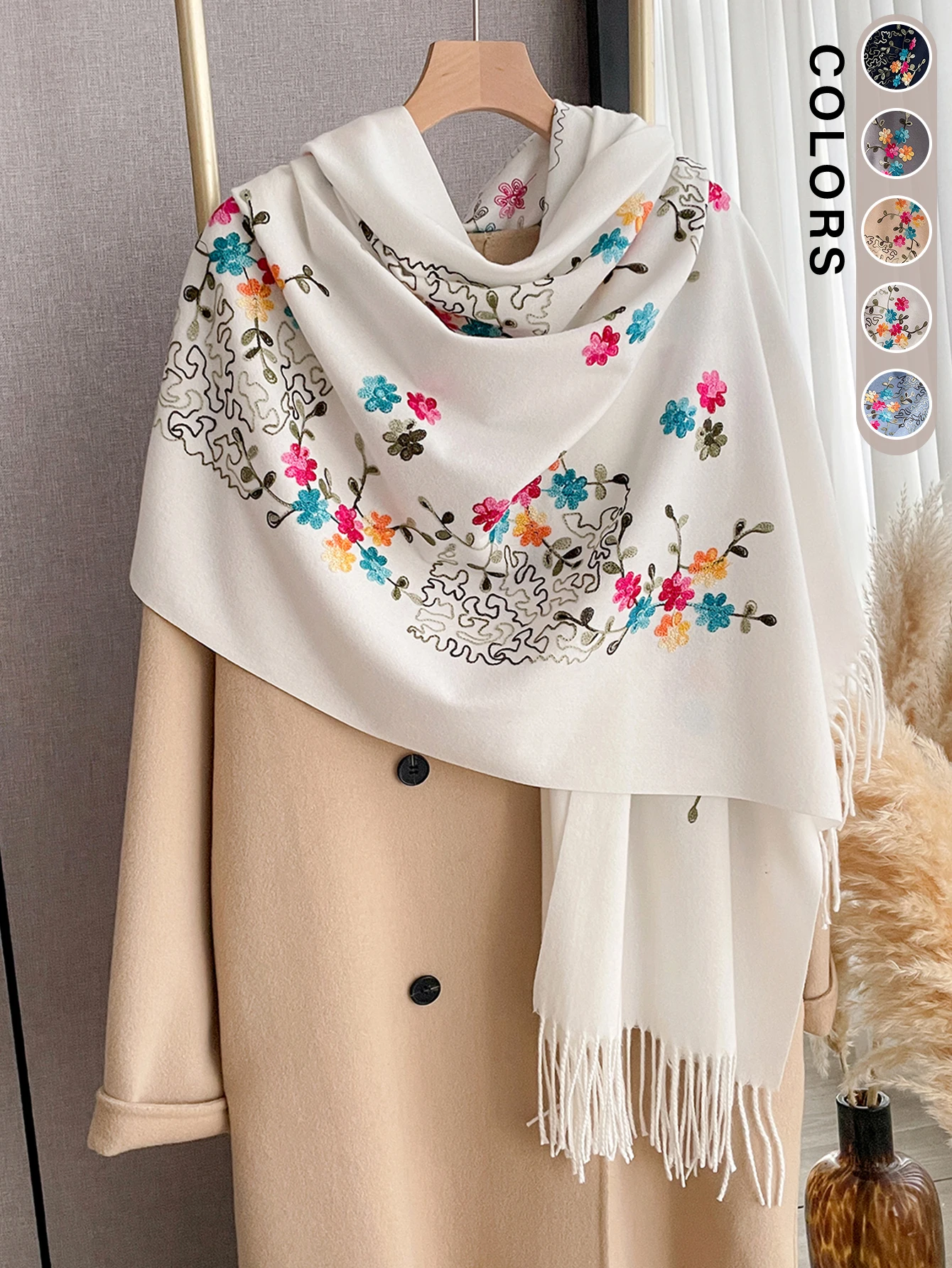 

Женский зимний теплый шарф из искусственного кашемира, длинные зимние шарфы с цветочной вышивкой, морозостойкие шали и накидки