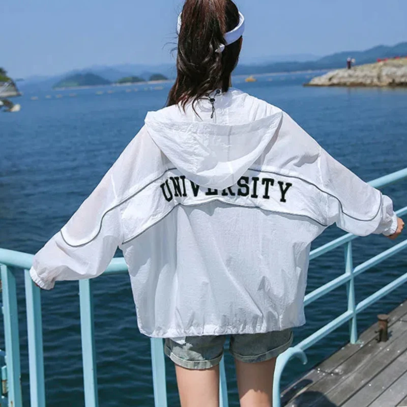 2024 Summer New Women's Korean Loose Solid Quick Drying Hooded Spliced Letter Zipper Long Sleeve Casual Sunscreen Clothing Coats