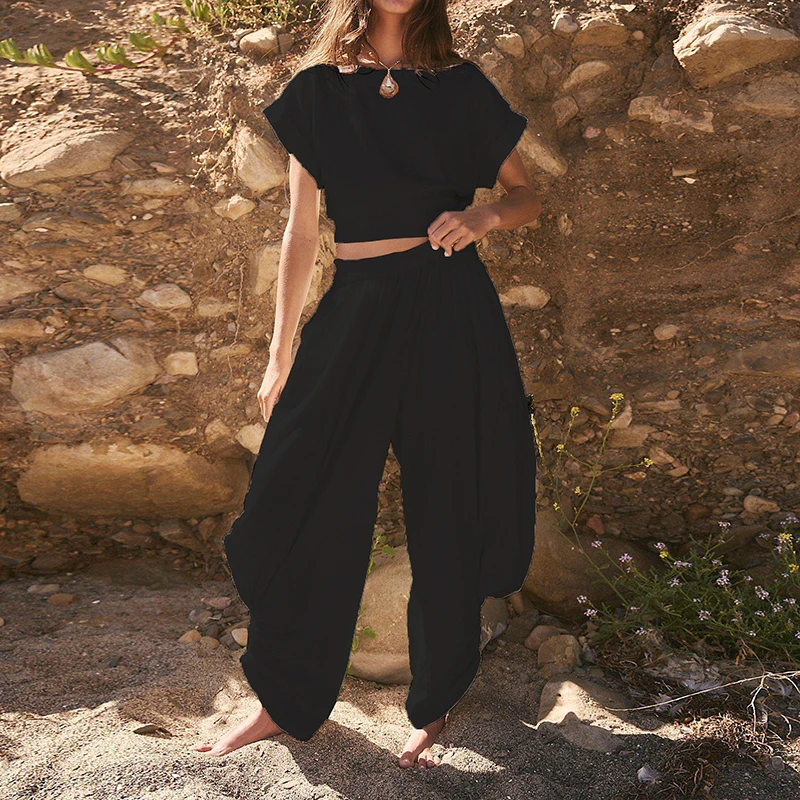 

Fashion O-neck Pullover & Long Pant Set Women Elegant Backless Lace-up Solid Loose 2Pc Outfits Casual Short Sleeve Pocket Suits