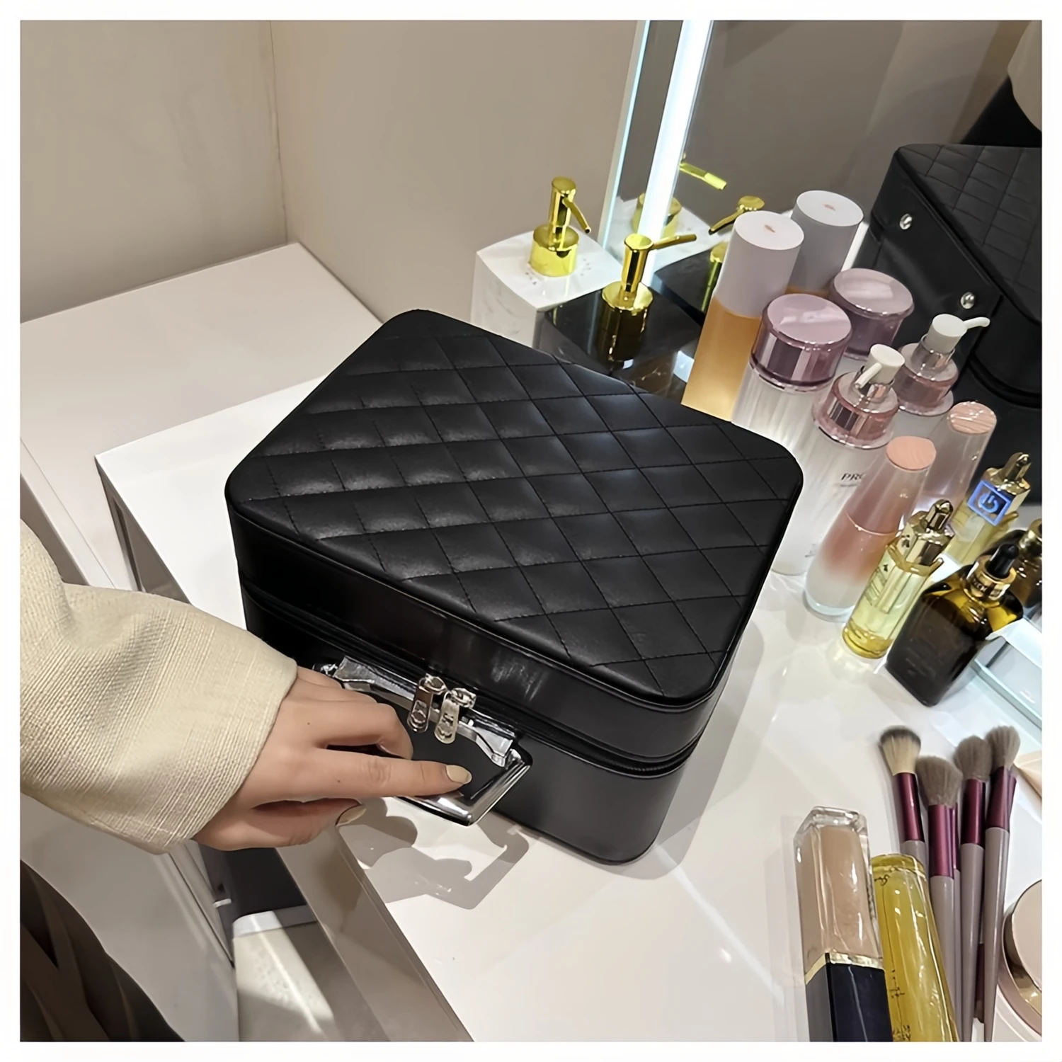 Bolsa de maquiagem para viagem com espelho, estojo de trem cosmético portátil, organizador de maquiagem, suporte de pincel de maquiagem, armazenamento